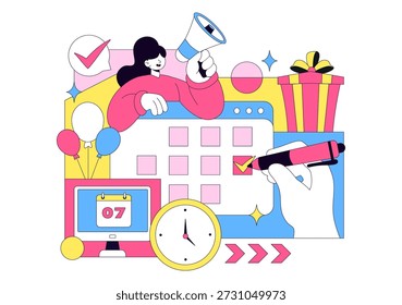 Event Planner Vector Illustration Featuring Party Decorations, Scheduling, Time Management, Business Agenda, And Calendar In Flat Style Background