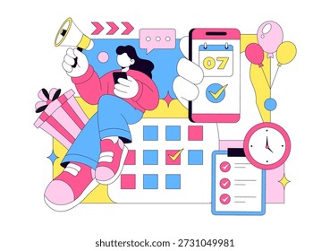 Event Planner Vector Illustration Featuring Party Decorations, Scheduling, Time Management, Business Agenda, And Calendar In Flat Style Background