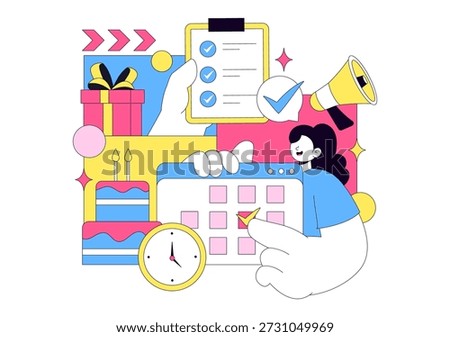 Event Planner Vector Illustration Featuring Party Decorations, Scheduling, Time Management, Business Agenda, And Calendar In Flat Style Background