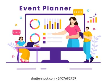 Ilustración de vectores de planificadores de eventos con programación de planificación, administración de tiempo, agenda de negocios y concepto de calendario en fondo de caricatura plana