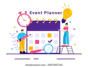 Ilustración de vectores de planificadores de eventos con programación de planificación, administración de tiempo, agenda de negocios y concepto de calendario en fondo de caricatura plana