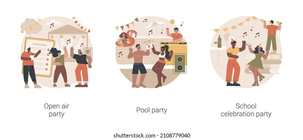 Event planning abstract concept vector illustration set. Open air pool party, school celebration, dance outdoor, summer music festival, swimming pool, ball invitation and decoration abstract metaphor.