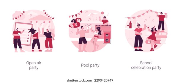 Event planning abstract concept vector illustration set. Open air pool party, school celebration, dance outdoor, summer music festival, swimming pool, ball invitation and decoration abstract metaphor.