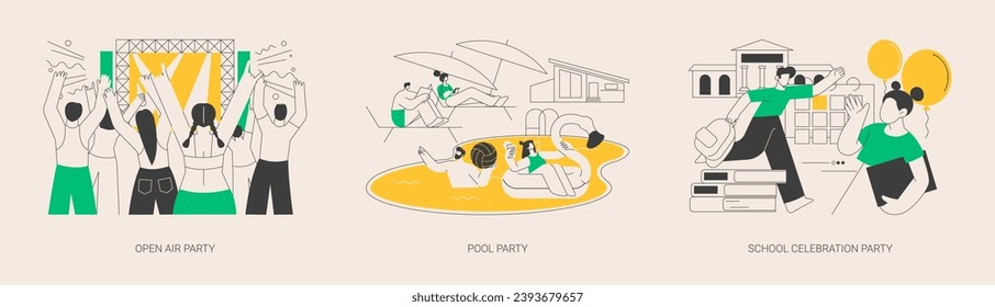 Event planning abstract concept vector illustration set. Open air pool party, school celebration, dance outdoor, summer music festival, swimming pool, ball invitation and decoration abstract metaphor.