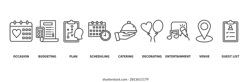 Event Planning Banner Web Icon Vector Illustration Concept with Icons of Occasion, Budgeting, Plan, Scheduling, Catering, Decorating, Entertainment, Venue, and Guest List