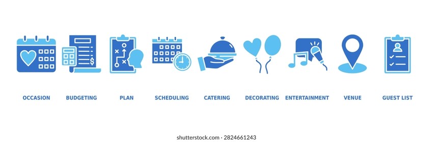 Event Planning Banner Web Icon Vector Illustration Concept with Icons of Occasion, Budgeting, Plan, Scheduling, Catering, Decorating, Entertainment, Venue, and Guest List