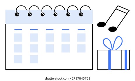 Event planning, celebration , time management, gift giving, music events, organization. A calendar, musical notes and a gift box. Event planning and celebration themes concept