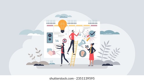 Event planning as celebration time schedule management tiny person concept. Date organization process for party, wedding or feast with arranging tasks vector illustration. Professional teamwork.