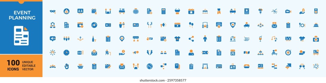 Event Planning colorful icons set in filled style. Contain solid sign event, planning, decoration, art, catering, celebration, birthday and more. Pixel perfect. Conceptual pictogram and infographic.