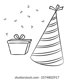 Event planning doodle icons. Hat and gift, event decoration element. Set of party, birthday celebration concept.