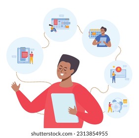 Planeamiento de eventos fondo plano con carácter masculino rodeado por composiciones de círculo de personas calendarios de relojes de alarma ilustración vectorial