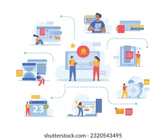 Planificación de eventos composición plana con diagrama de flujo de iconos aislados calendarios notas recordatorios planificadores y caracteres humanos ilustración vectorial