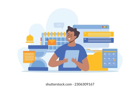 Planificación de eventos composición plana con carácter masculino del trabajador rodeado por calendarios carpetas de documentos notas de alarma ilustración vectorial