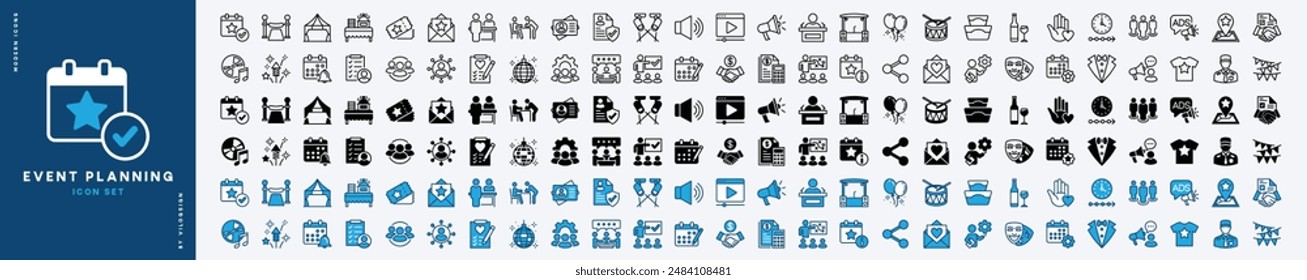 Event planning flat and line icon set. Containing party, entertainment, birthday, festival, celebration, wedding, conference, seminar, organization meeting, decoration, calendar, catering, fireworks