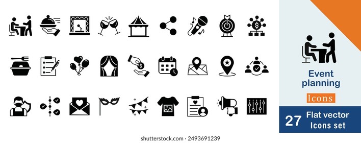 Event planning flat vector  icons set. containing Assignment, Workshops, Promotion, Social Media and more vector icon 