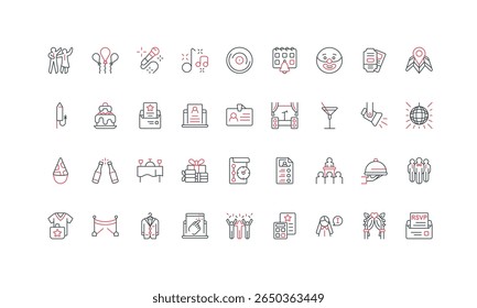 Event planning, fun party organization, staff and catering service, entertainment line icon set. Guests and visitors celebrate, dance to music and karaoke thin black and red symbol vector illustration