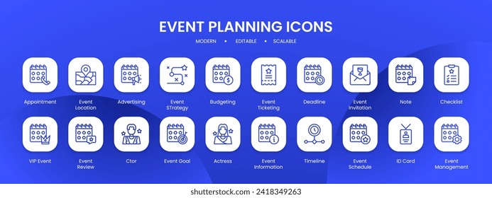 Colección de iconos de planificación de eventos con estilo de contorno de línea rellena en negro. evento, colección, negocio, calendario, conjunto, plan, hora, planificación. Ilustración del vector