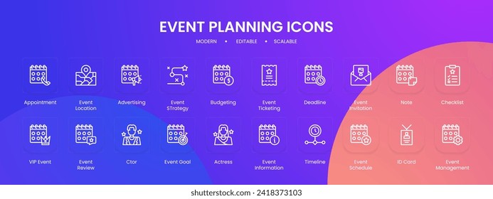 Event planning icon collection with black outline style. event, collection, business, calendar, set, plan, time, schedule. Vector illustration