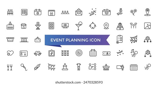 Event planning icon collection. Related to decorations, venue, event planner, registration, entertainment, catering and invitations symbol.