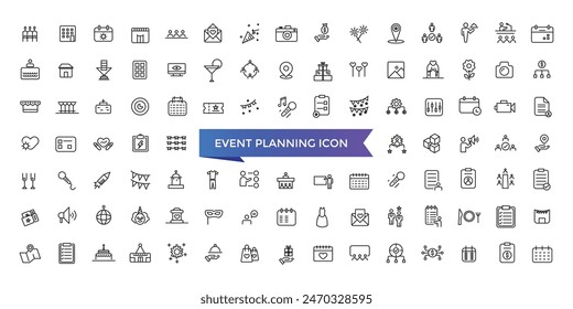 Event planning icon collection. Related to decorations, venue, event planner, registration, entertainment, catering and invitations symbol.