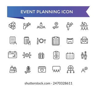 Event planning icon collection. Related to decorations, venue, event planner, registration, entertainment, catering and invitations symbol.