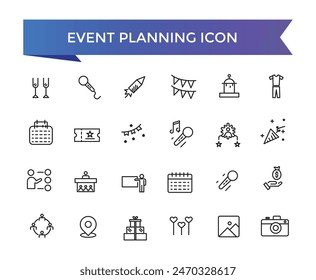 Event planning icon collection. Related to decorations, venue, event planner, registration, entertainment, catering and invitations symbol.