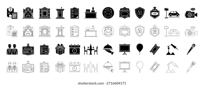 Etapa de Boda de Colección de iconos de planificación de eventos, servicio de catering, podio de conferencia, insignia VIP, recepción, caja de regalo, micrófono, mesa de comedor, escudo de seguridad, cámara y recordatorio de calendario