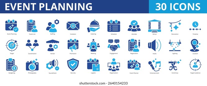 Event planning icon pack dual tone collection set with guest list, staffing, invitation, catering, schedule, attendee, venue, decoration, timeline, target, coordination, vendor, promotion, meeting