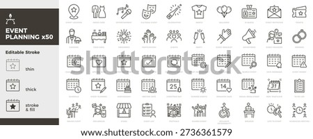 Event planning icon set. Calendar, schedule, invitation, party, celebration, booking, guests, management icons. Thin line editable stroke vector illustrations