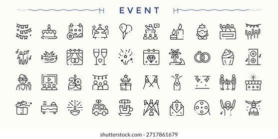 Event Planning icon set. Celebration sign and symbol. Thin icons set. Celebration icon set. Editable vector. Pixel perfect.