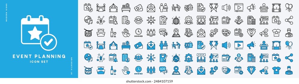 Event planning icon set. Containing party, entertainment, birthday, festival, celebration, wedding, conference, seminar, organization meeting, decoration, calendar, catering, fireworks, and more