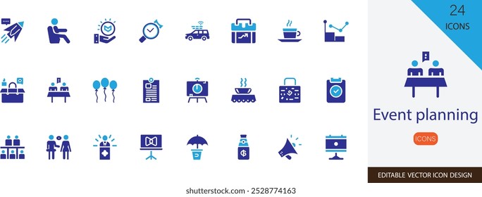 Event planning icon set . containing  Conference, Meeting, Seminar, Workshop, timeline, staffing and more solid design