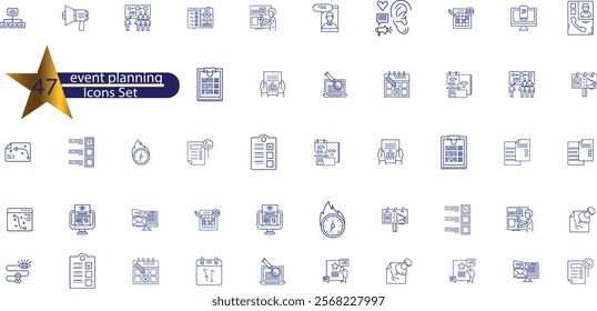 Event planning icon set. Containing decorations, venue, event planner, registration, entertainment