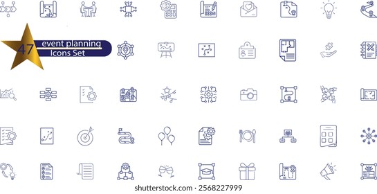 Event planning icon set. Containing decorations, venue, event planner, registration, entertainment