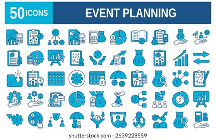 Event planning icon set. Containing decorations, venue, event planner, registration, entertainment, catering and invitations symbol. Solid icons collection. Vector illustration.