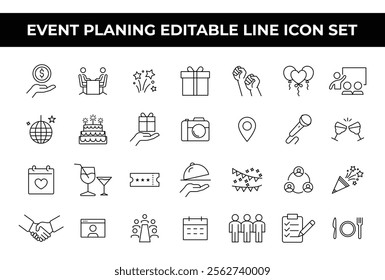 Event Planning Icon Set with editable line icons of calendars, decorations, and event tools. Perfect for event organizers, party planners, brochures, websites, and promotional materials. Event icons.