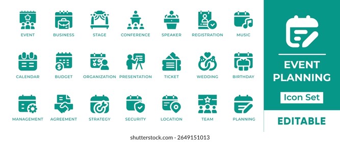 Event Planning Icon Set. Features icons of scheduling, invitations, catering, logistics, guest list, venue setup, and checklists. Perfect for events, business, and marketing.