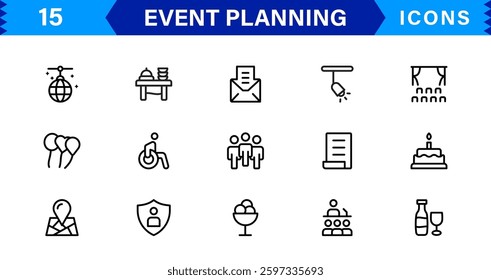 Event Planning Icon Set. High-Quality Icons for Event Organization, Management, Scheduling, and Party Planning Solutions
