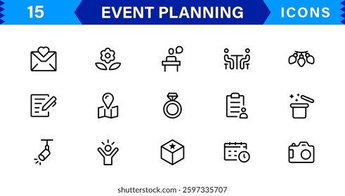 Event Planning Icon Set. High-Quality Icons for Event Organization, Management, Scheduling, and Party Planning Solutions