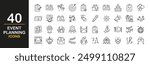 Event planning icon set. Icons in linear style collection. Containing decorations, venue, event planner, registration, entertainment, catering, invitations, coordination and more. Vector illustration