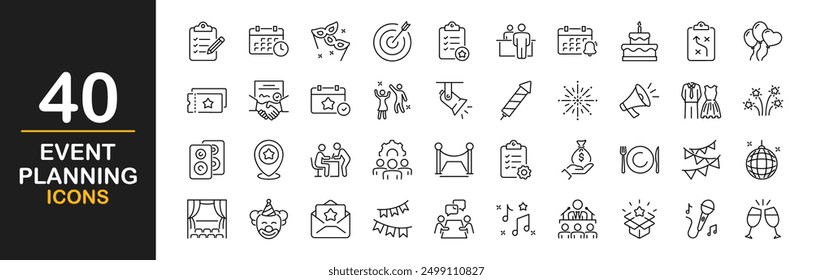 Event planning icon set. Icons in linear style collection. Containing decorations, venue, event planner, registration, entertainment, catering, invitations, coordination and more. Vector illustration