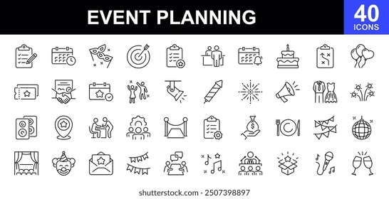 Event planning icon set. Icons in linear style collection. Containing decorations, venue, event planner, registration, entertainment, catering, invitations, coordination and more. Vector illustration