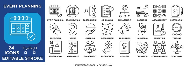 Conjunto de ícones de planejamento de eventos que ilustram a organização, programação, gerenciamento, logística, engajamento e trabalho em equipe.