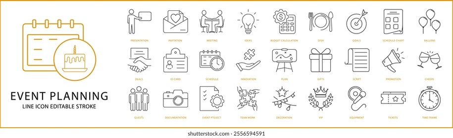Event Planning icon set in line style. Event Planning icons. Vector Illustration. Editable Stroke.