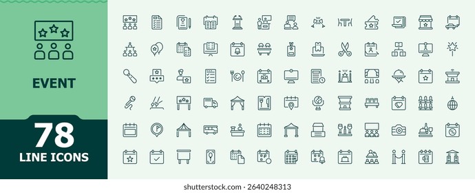 Event Planning icon set in linear style. Minimal linear icons. Editable vector art. Decoration icon collection. Contain linear symbols celebration, planning, decoration, meeting, conference and more.