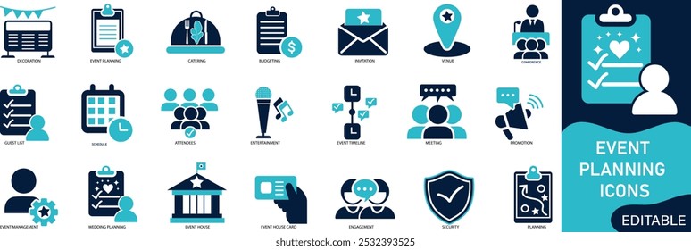 Event planning icon set Solid flat vector icons collection eps.