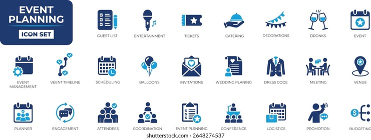 Event planning icon set. Solid icon collection design.