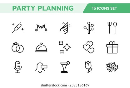 Symbolsatz für die Ereignisplanung. Stilvolle und funktionale Symbole für Organisatoren, ideal für Terminplanung, Veranstaltungsmanagement und Event-Promotion, ideal für Apps, Websites und Marketingmaterialien.