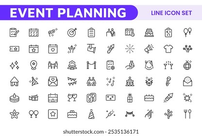 Symbolsatz für die Ereignisplanung. Stilvolle und funktionale Symbole für Organisatoren, ideal für Terminplanung, Veranstaltungsmanagement und Event-Promotion, ideal für Apps, Websites und Marketingmaterialien.