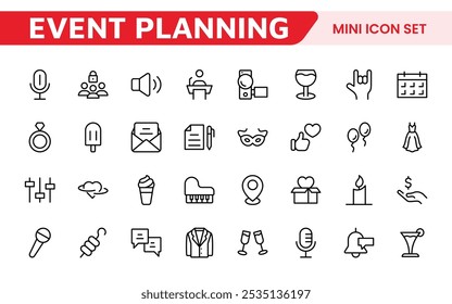 Symbolsatz für die Ereignisplanung. Stilvolle und funktionale Symbole für Organisatoren, ideal für Terminplanung, Veranstaltungsmanagement und Event-Promotion, ideal für Apps, Websites und Marketingmaterialien.